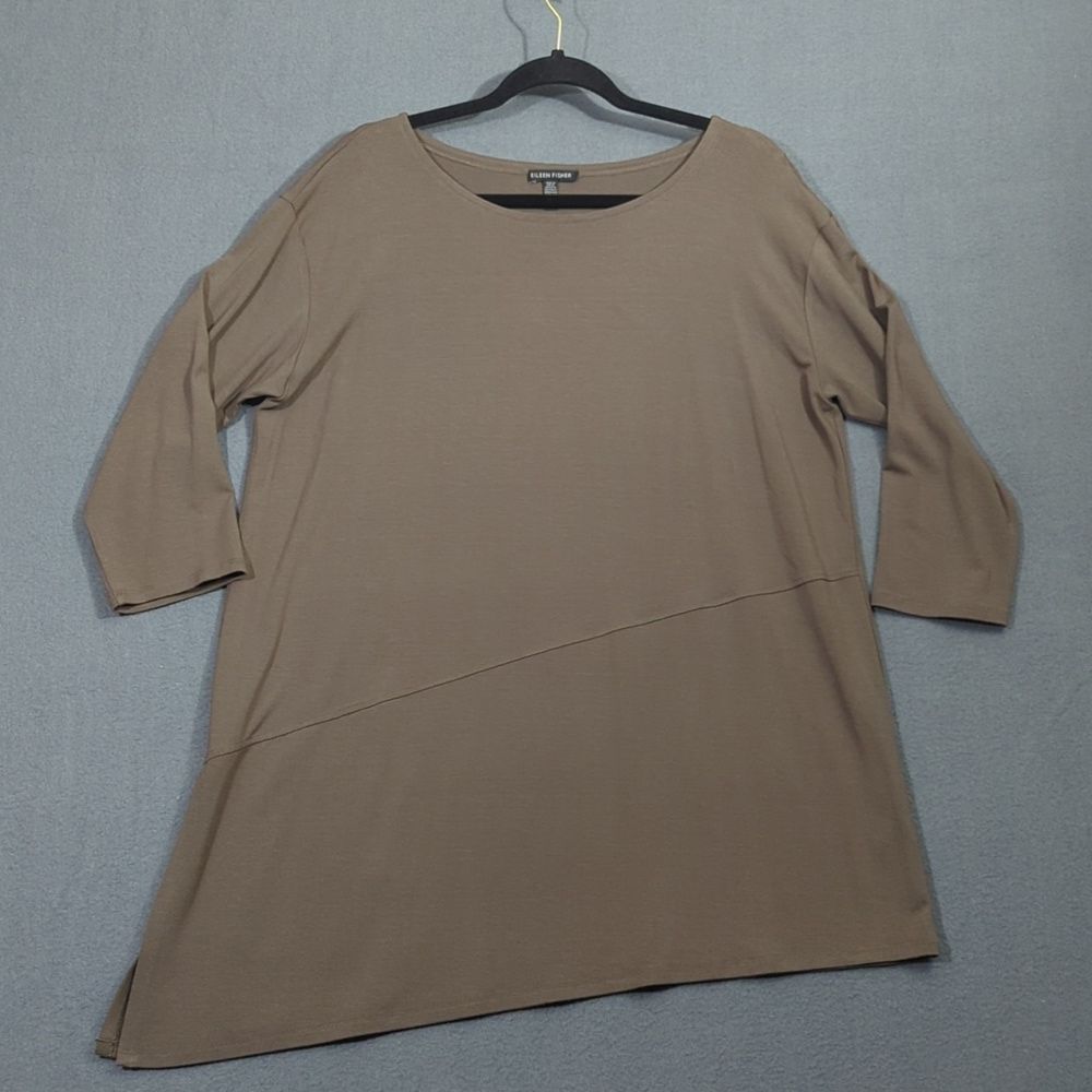 Eileen Fisher Top Women's L Brown Asymmetrical Viscose 3/4 Sleeve